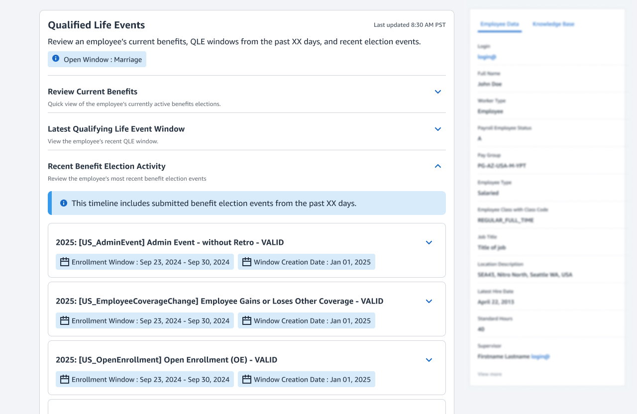Recent benefit election activity expanded into a timeline of submitted events, each showing its event type, validity, enrolment window and creation date